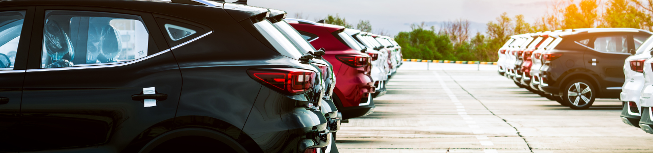Parked new cars in a line on a dealership lot.